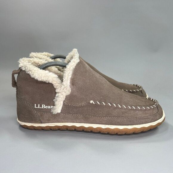 L.L. Bean Mountain Slippers Women's Size 8 Tan Suede Moc Toe Shearling Lined - Picture 1 of 12